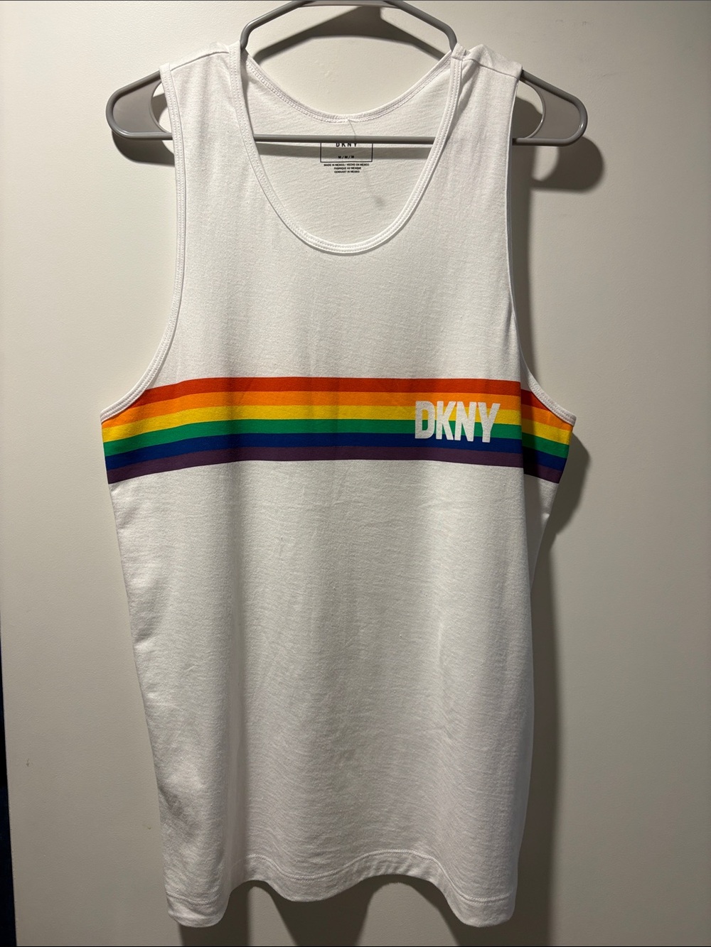 Dkny White Pride Tank Top with Rainbow Stripe Detail